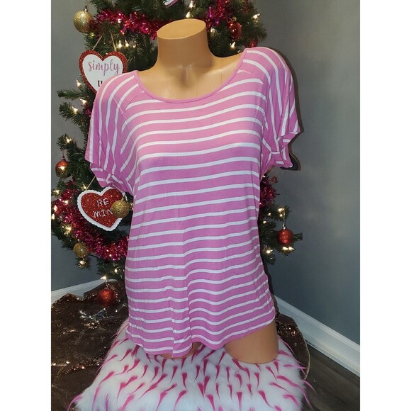 dressbarn Tops - dressbarn Pink and White Striped Scoop Neck Tee